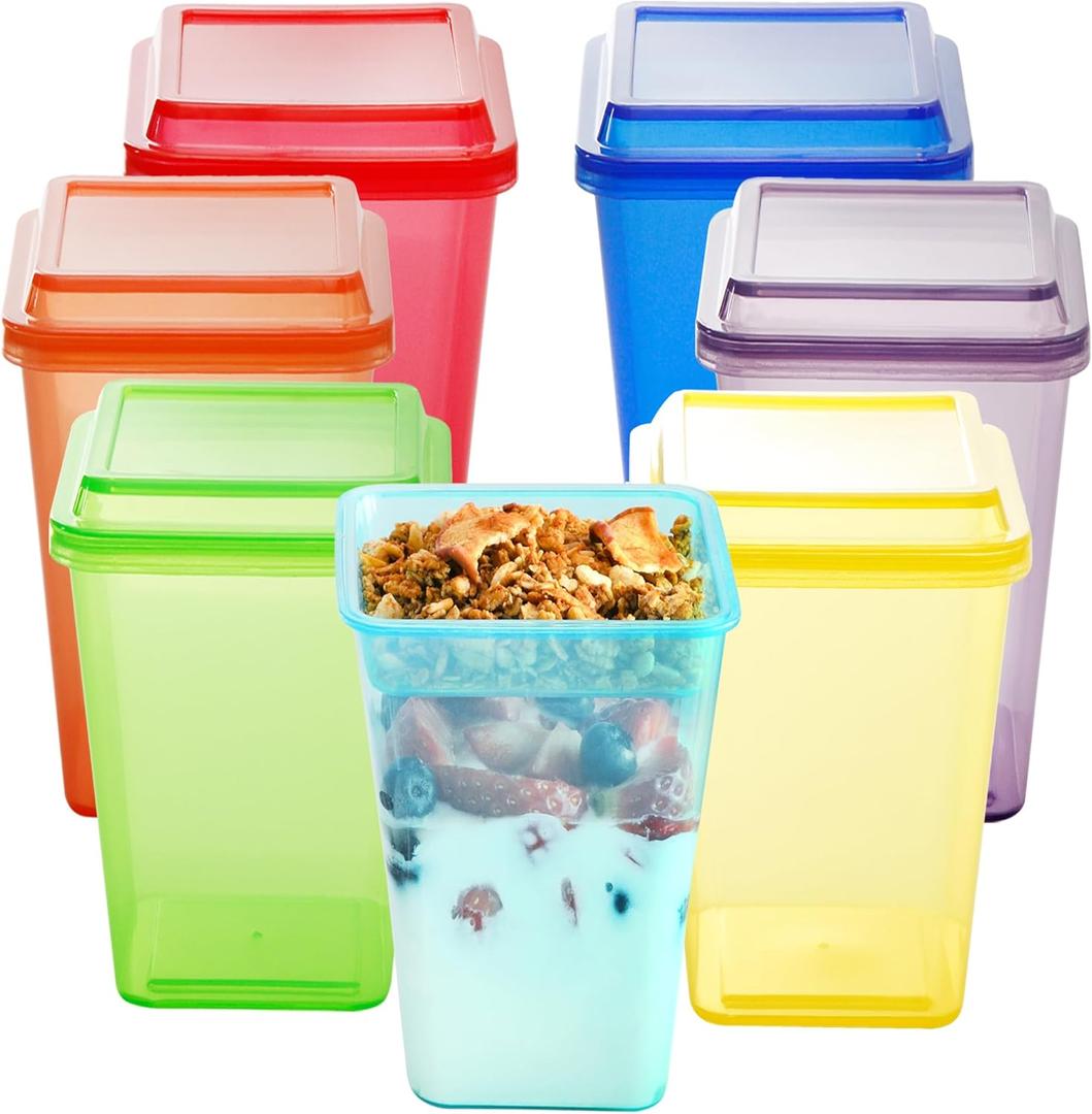 Youngever 7 Sets Plastic Parfait Cups with Lids and Inserts, Reusable Yogurt Cups - Spill and Leak Proof (Large 12 Ounce)