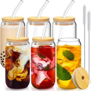 16 Oz Drinking Glasses with Bamboo Lids and Glass Straw - 6 Pcs Glass Cups Beer Ice Coffee Glasses Cute Aesthetic Cup Great for Coffee Bar Accessories Include 2 Cleaning Brushes