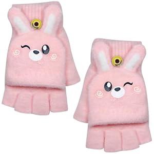 Boyuzcui Kid Fingerless Gloves Convertible Flip Top Winter Warm Half Finger Gloves for Girls Boys 5-10 Year - Pink Bunny
