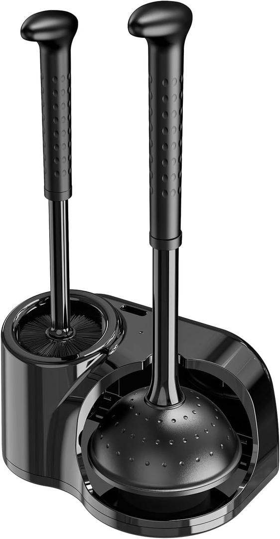 Toilet Brush and Plunger Set: 2-in-1 Heavy Duty Toilet Plunger and Bowl Brush Combo with Holder for Bathroom Cleaning - Black