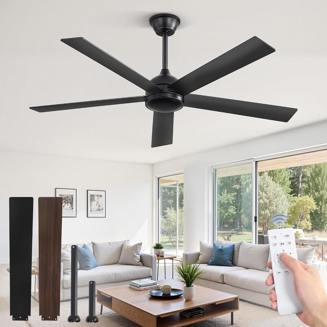 Fanbulous 52 Inch Ceiling Fans No Light with Remote, Black Indoor/Outdoor Ceiling Fan Without Light with Quiet Reversible DC Motor, 6 Speeds, 5 Blades Modern Ceiling Fan for Living Room Bedroom Patio