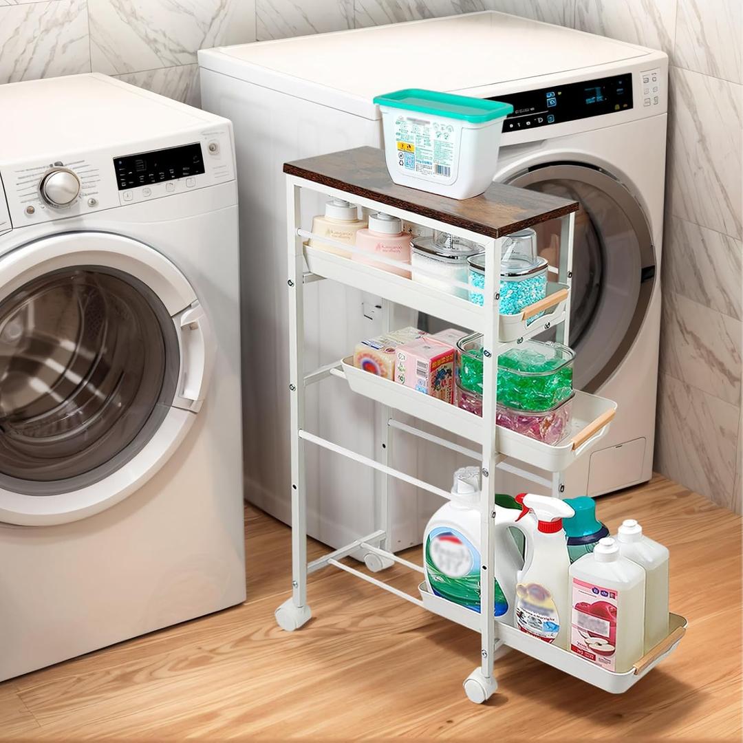 5 Tier Slim Rolling Storage Cart with Wood Top, Narrow Laundry Room Organizer for Tight Gaps, Metal Bathroom Gap Filler, Kitchen Pantry Trolley, Small Spaces (White) (8.07)