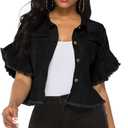 Suvimuga Women's Denim Jacket Button Down Distressed Ruffle Sleeve Crop Jean Jackets Coat (Medium, Black)