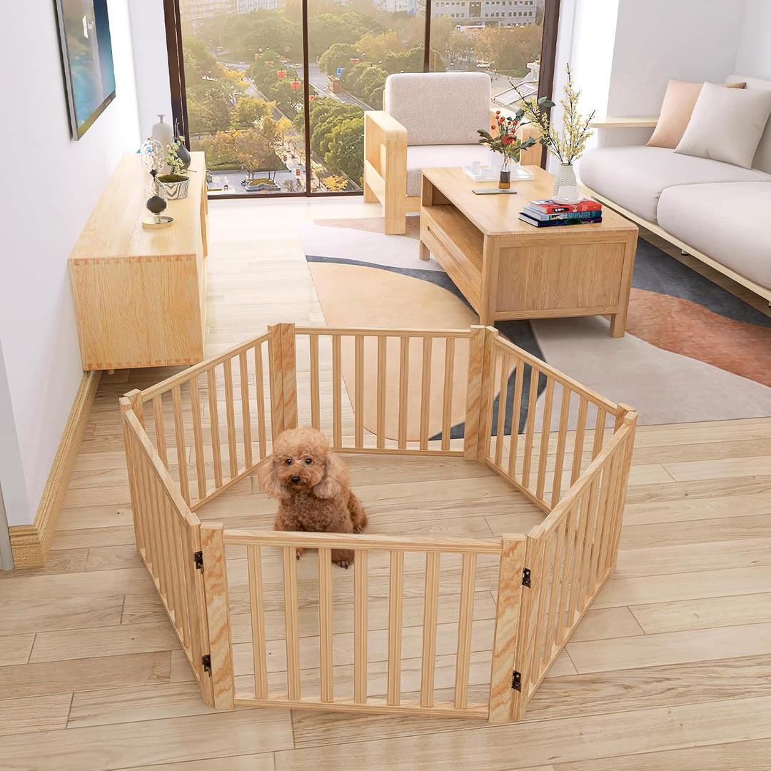 YOCAN Paint-Free Wooden Freestanding Dog Gates for The House,Doorways, Stairs,Wood Dog Fences Indoor Pet Gate,Step Over Fence-6 Panel H:16.9" L:138"