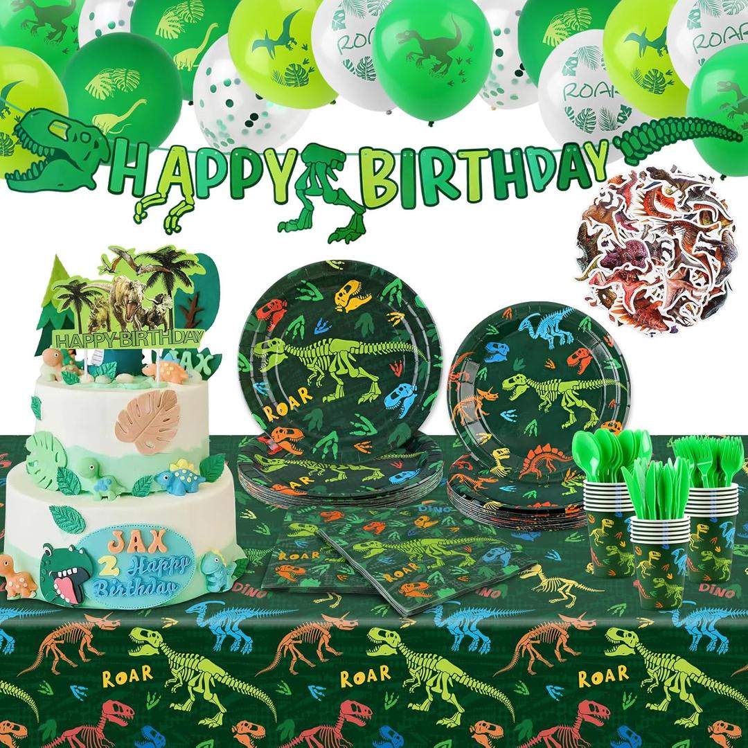 208pcs Dinosaur Birthday Party Decorations For Boys, Dinosaur Themes Birthday Party Supplies Serve 20 with Disposable Plates,Napkins,Cups,Cutlery Set, Banner,Tablecloth,Cake Topper,Ballons,Stickers