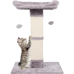 34" Tall Cat Scratching Post with Bed, Sisal Scratch Posts Trees with Plush Perch and Hanging Ball for Indoor Cats, Removable Cover, Large Scratch Post and Base, Rugged and Durable, Light Grey