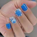 2 x Short Nails Press on Square Blue Fake Nails False Nails with Shell Polka Dots Designs Summer Acrylic Nails Beach Nails Full Cover Glossy Glue on Nails for Women Girls 24Pcs