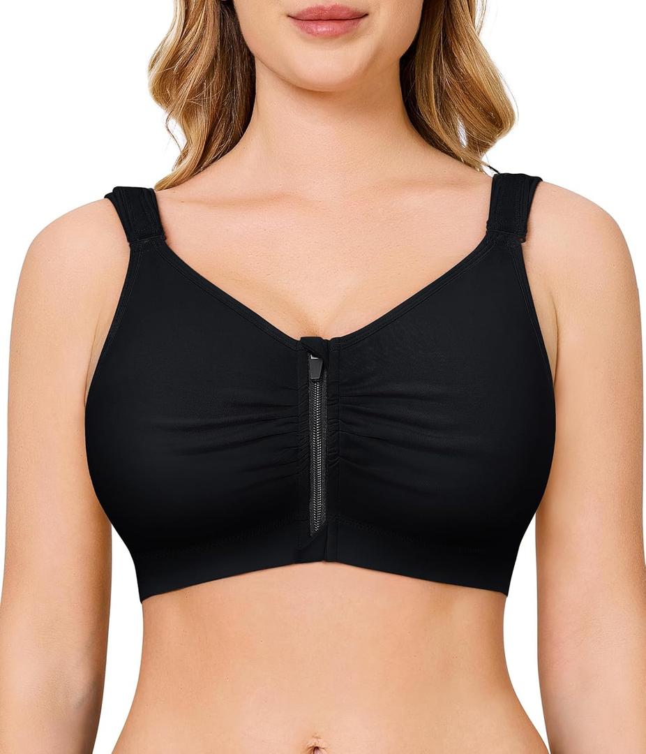 CYDREAM Zip Front Bra for Women Wireless Full Coverage Comfort Everyday Post Surgery Compression Bras Adjustable Straps (Size X-Large, Black)