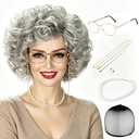 Agysty Old Lady Wig Costume Set for Women, Gray Grandma Granny Wig with Hair Accessories, Short Curly Grey Synthetic Wig for Halloween Cosplay & 100 Days of School Party (Grey)