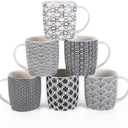 Set of 6 11.5 oz Coffee Mugs with Black and White Geometric Patterns, Ceramic Tea Cup Set