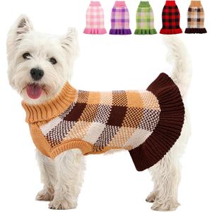Dog Sweater Dress Plaid Knitwear for Small Medium Dogs Warm Puppy Pet Turtleneck Stretch Pullover Cute Fall Winter Vest Clothes with Leash Hole for Christmas (Coffee, L)