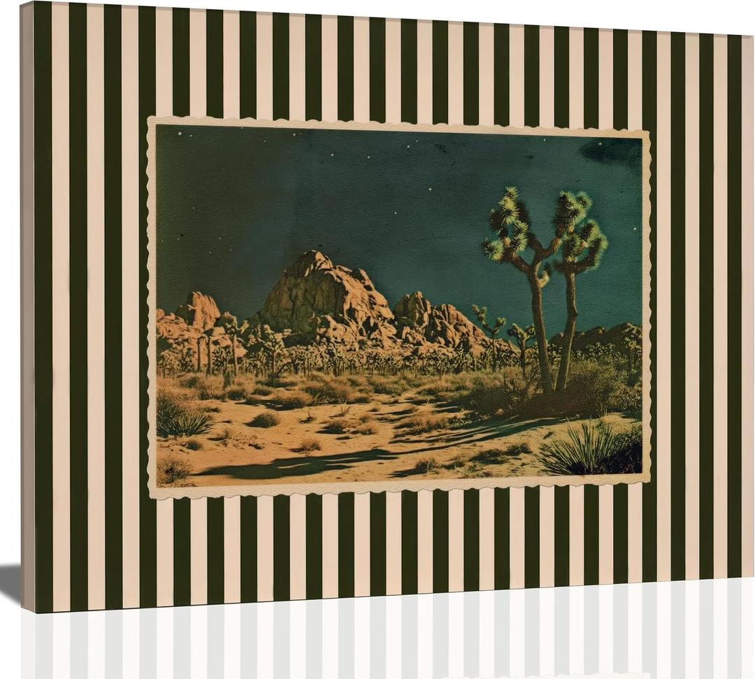 Vintage Desert Night Canvas Wall Art Eclectic Western Desert Landscape Picture Wall Decor Creamy White and Dark Green Striped Poster Maximalist Postcard Painting Print Artwork for Living Room Bedroom
