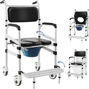 Eosprim Rolling Shower Chair with Handles Arms, Bedside Commode Chair with Wheel, Wheelchair for Elderly Disable,Heavy Duty Raised Toilet Seat Riser for Adults (Black)