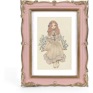 PHAREGE Pink Gold Vintage Frame for 5x7 inch Picture, Ornate Antique Frame with Mat for 4x6 inch Photo, Horizontal or Vertical, Tabletop or Wall
