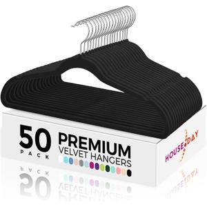HOUSE DAY Premium Velvet Hangers 50 Pack Black, Non-Slip Flocked Felt Hangers, Sturdy Clothes Hangers with 360 Rotatable Hook, Heavy Duty Coat Hanger, Durable Slim Hanger for Closet Space Saving