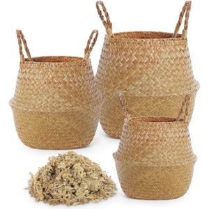 3 Pack Large Wicker Plant Basket with Handle 10 Inch Woven Seagrass Belly Basket and Artificial Moss for Plants Picnic Grocery Laundry House Storage Home Decor (Small,Medium,Large)