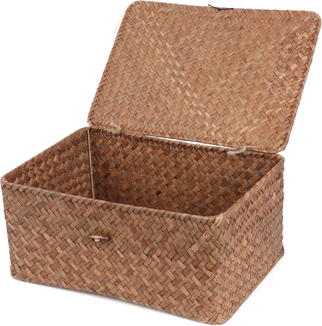 FEIALNDUO Wicker Shelf Baskets with Lid,Seagrass Storage Basket Bins Rectangular Handwoven Basket Boxes for Shelves Desktop Home Organizer (Coffee, Large)