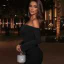 Women's Off Shoulder Bodycon Mini Dress Elegant Long Sleeve Ruched & Ribbed Tight Fit Clubwear for Cocktail Party,Date Night (Black, M)