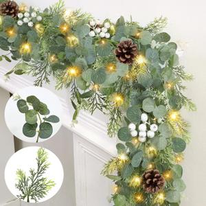 Prelit & Timer - 6 Ft Christmas Garland with Lights, Real Touch Cedar Garland Soft Bendable Thickness Eucalyptus Cypress Pine Garland with Pinecone Berry, Lighted Garlands for Mantle Table Stairs