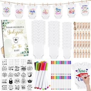 Panitay 126 Pcs Baby Shower DIY Bodysuit Set Bib 25 Blank White Newborn Bodysuit 25 Stencils 24 Marker 1 Sign 50 Pins(Greenery)