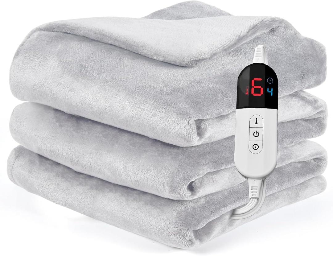 Heated Blanket Throw Fast Heating Bed Electric Blankets Throw Flannel with 6 Heating Levels & 4 Hours Auto Off, Over-Heated Protection ETL, Double-Sided FlannelLight Drey