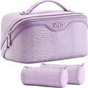 BOYATU Travel Makeup Bags for Women: 3 Pcs Set Wide Open Cosmetic Bag - Portable Make up Bags with Handle - Vegan Leather Toiletry Organizer Bag with Divider (G-01-Purple)