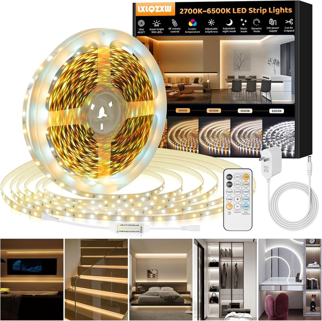 Warm White LED Strip Lights, 49.2ft Dimmable Bright 24V Led Tape Light with Remote Control, Tunable White(2700K-6500K) 900 LEDs Strip Lights for Stairs, Wardrobe, Kitchen, Mirror, Bedroom, Bar Cabinet