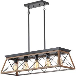 5-Light Dining Room Chandelier Over Table, Farmhouse Kitchen Island Lighting, Adjustable Height Chandeliers for Kitchen, Dining Room Table Walnut
