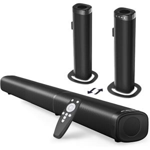 Puriom Sound Bar for Smart TV, 100W Sound Bar with Bluetooth 5.3/ARC/Opt/AUX Connect, 2-in-1 Detachable Home Soundbar, Home Theater Speaker & Bass Effect, for TV/PC/Projectors (Black)