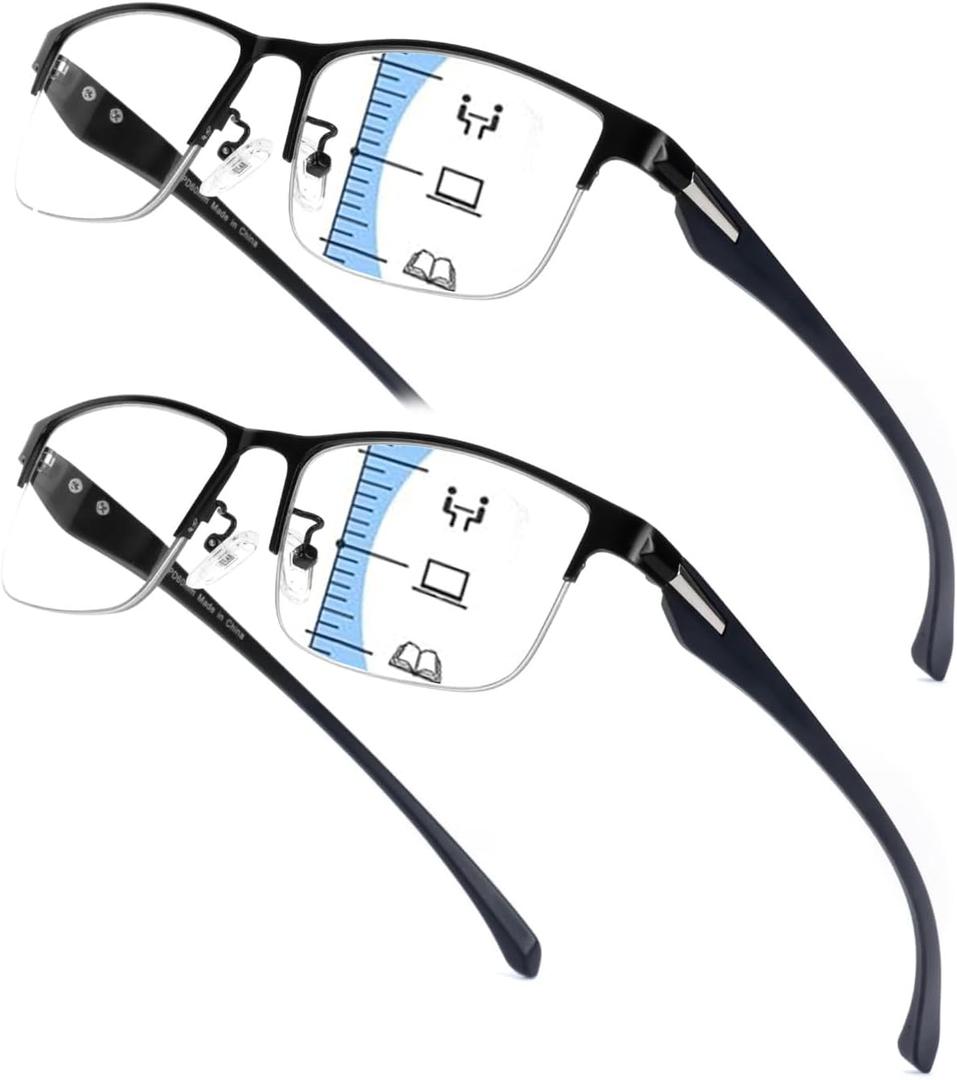 Viseng Progressive Multifocus Reading Glasses - TR90 Temples Blue Light Blocking & Anti UV, Half Frame Multifocal Eyeglasses (Black &Black)
