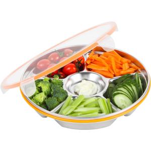 6-Compartment Stainless Steel Serving Tray with Lid - 10-inch Divided Snack/Vegetable/Fruit Tray for Christmas Parties, Snackle Box & Platter Container