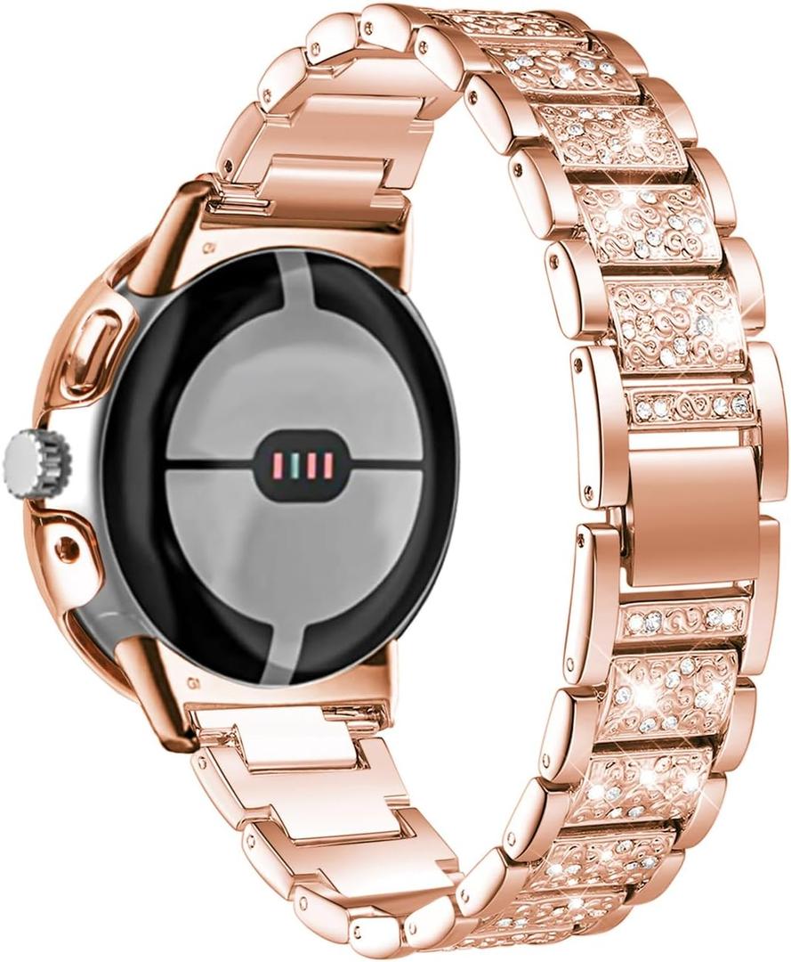 Women Bands with Case Compatible with Google Pixel Watch 4/3 45mm 41mm Watch2 Watch1, Metal bling Luxurious Dressy Replacement Wristbands, Silver Black Rose Gold