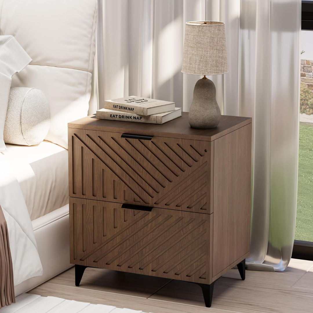 CHILIHOM Nightstand with 2 Drawers Night Stand with Fluted Panel, Modern Bedside Table for Bedroom, Wood End Table Side Table Small Storage Cabinet, Brown