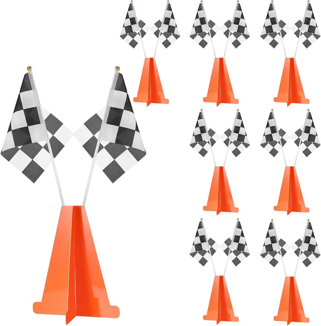 Racing Car Party Decorations Include 6 Orange Traffic Cones and 12 Checkered Flags Mini Black and White 7 Inch Cardboard Cones for Race Car Theme Birthday Party Decorations