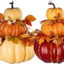 2Pcs 13" Large Stacked Pumpkin Tower Decor, Light Yellow Orange Hard Foam Artificial Pumpkin Topiaries with Maple Leaves, Harvest Fall Ornament for Halloween Thanksgiving Table Porch Decor
