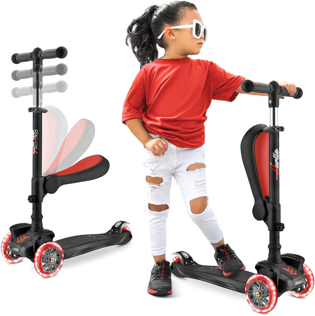 Hurtle 3-Wheeled Scooter for Kids - Wheel LED Lights, Adjustable Lean-to-Steer Handlebar, and Foldable Seat - Sit or Stand Ride with Brake for Boys and Girls Ages 1-14 Years Old