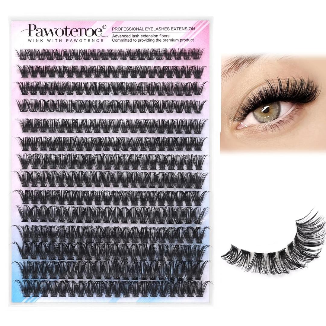 Pawotence Lash Clusters 280pcs Individual Lashes Cluster Eyelash Extensions 50D 9-16mm Mix Eyelash Clusters Lash Extension for Self Application at Home (50D, 0.07D, 9-16mm)