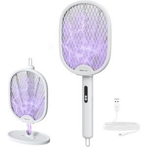 BALDR Electric Fly Swatter Racket, Foldable 2 in 1 Bug Zapper 3000V Powerful Mosquito Killer with Purple Attractant Trap Lamp, 1200mAh Type-C Rechargeable for Indoor Home Office Patio Camping (White)