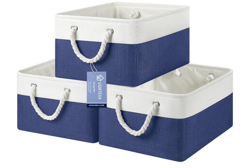 VQRTEXA Large Storage Baskets 15.7x11.8x8.26 inch Storage Bins for Shelves and Closet Organizing, Foldable Fabric Bin for Home Organization Clothes and Laundry (3Pack, White&Blue)