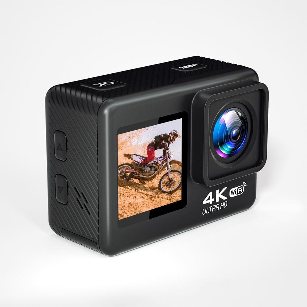 4K Action Camera - Dual Touch Screen, Underwater Sports Camera with WiFi, 170 Wide Angle,Vlogging Sports,Anti-Shake Long Battery Life - Free 64GB MicroSD Card