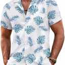COOFANDY Mens Hawaiian Shirt Short Sleeve Floral Button Down Shirts Tropical Summer Beach Shirts Camp Collar Shirt (Large, White- Palm Leaf)
