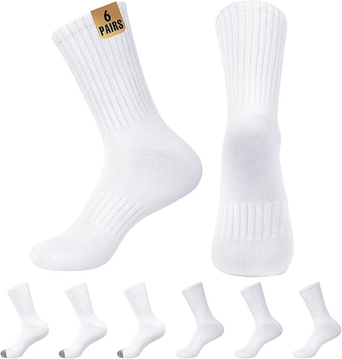 MUQU Mens White Crew Socks - Sports Thin Athletic Breathable Running Long Socks 6 Pairs, XL