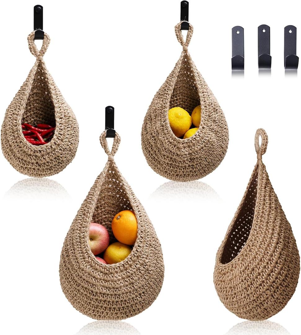 Hanging Fruit Basket Set of 3, Boho Wall Hanging Storage Jute Basket for Organizing & Decor, Handmade Teardrop Hammock Holder for Onion Fruit Vegetable in Home & Restaurant Kitchen with Hooks (Linen)