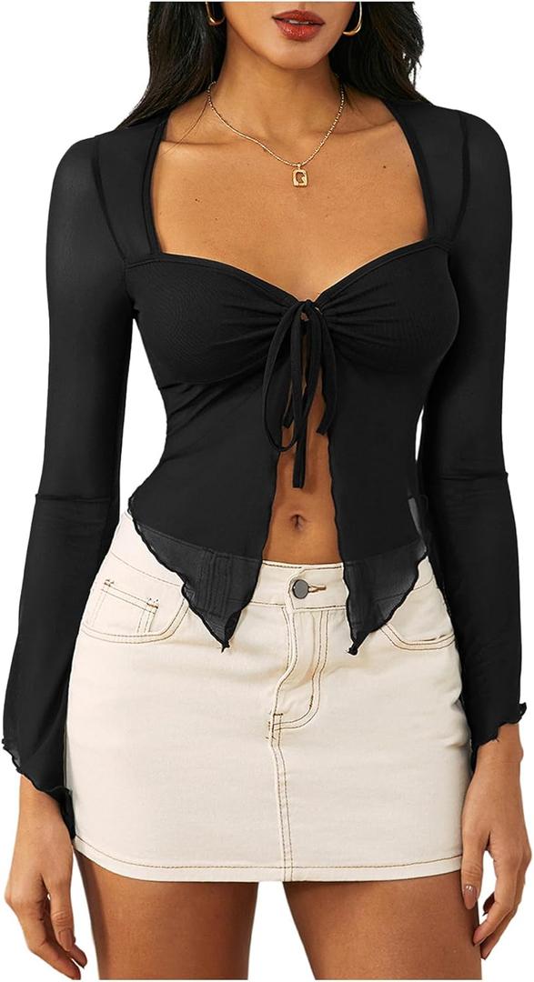 WDIRARA Women's Long Sleeve Front Tie Top Sexy Mesh Bell Sleeve Shirt (Large, Black)