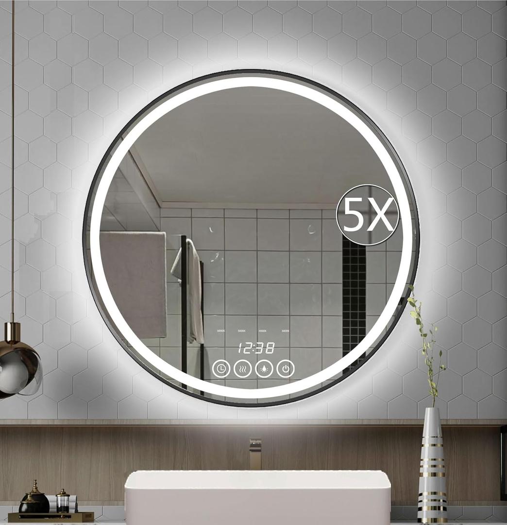 24 Inch Wall-Mounted Round Bathroom Mirror with LED-Lights - Frame Vanity Mirrors (24" x 24", Black)