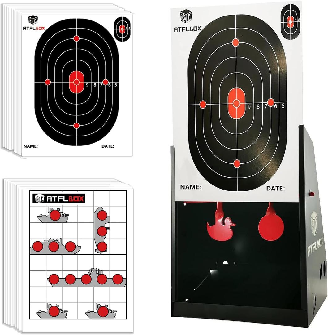 Atflbox 7 x 9 Inch BB Gun Target Trap with 20pcs Paper Targets and Spinning Metal Silhouettes Shooting Targets for Backyard, Outdoor, Indoor, Suitable for Airsoft, Rifle, Pellet Gun