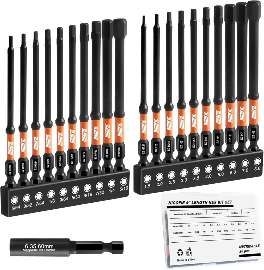 Impact 4" Long Allen Wrench Drill Bit Set Hex Bit Set 20pcs (Metric&SAE), 1/4" Hex-Shank S2 Steel, CNC Machined Tips with Extension Socket and Storage Box