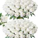 DREAMLOOM 50pcs Roses Artificial Flowers, Fake Roses Realistic with Long Stems Real Touch Silk Flowers Bouquet for Valentine's Day Wedding Anniversary DIY Floral Arrangement Gifts, White