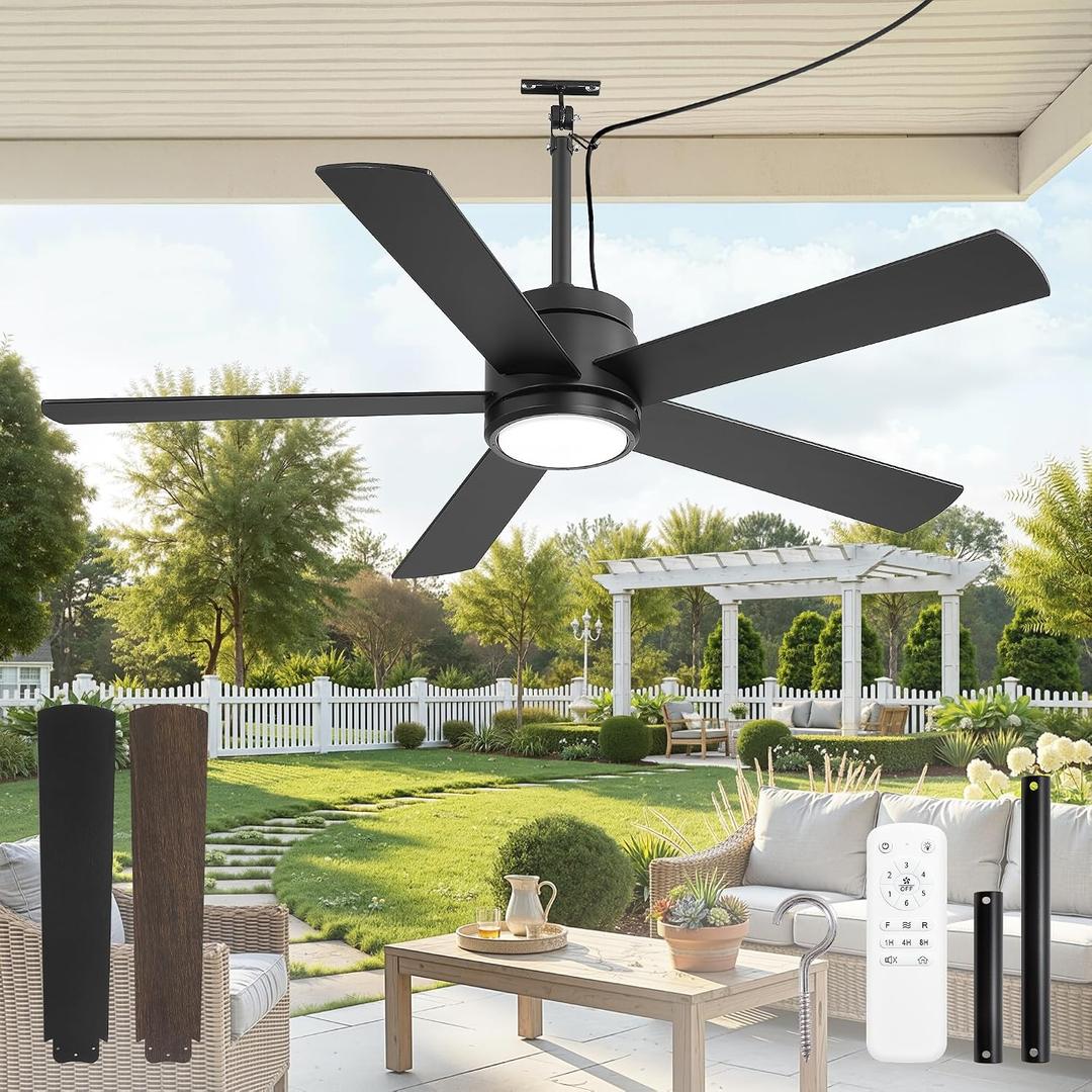Fanbulous 52" Outdoor Ceiling Fan with Light and Remote, IP65 Waterproof, Plug-in Design with 10FT Cord, 6-Speeds, 3CCT, Hook Hanging Fan for Gazebo Patio Porch Garage Canopy(Black)