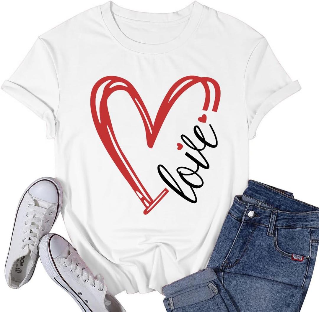 Valentines Day Shirt for Women Love Heart Printed T-Shirts Casual Summer Tee Tops (White, XL)